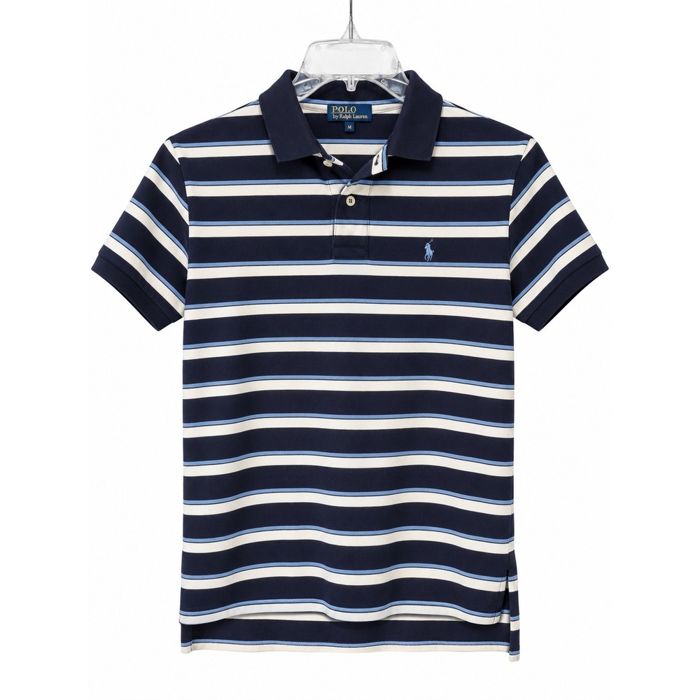 Polo Ralph Lauren Mens Small Navy Blue White Striped Pique Short Sleeve Polo Top